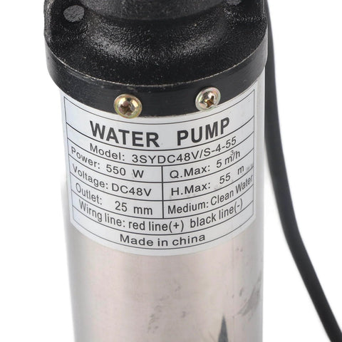 Label details of DC Pump Large High Battery Solar Brass Motor Floating Impeller S455 DC48V on stainless steel body
