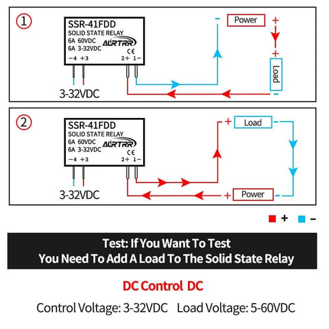 Diagram showing Mini Slim DC Solid State Relay 1A For Development Boards Like ESP32 Raspberry Pi Arduino E-Bike, input 3-32V DC, output 5-60V DC.