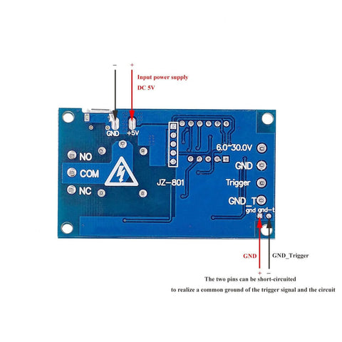 Rear view of Two Pack DC 6 To 30V Timer Relay Module With Programmable Delay, showing input power supply and connection details.