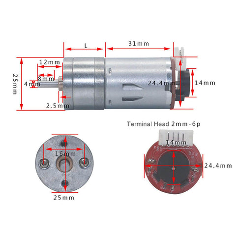Technical diagram of DC12V Encoder Gear Motor with Mounting Bracket, showing dimensions and parts for 65mm Smart Car Robot Model DIY.