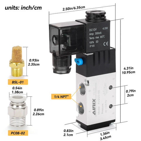 DC12V Pilot Operated 2 Position 5 Way Pneumatic Solenoid Valve with 1/4 NPT Ports and Junction Box, shown with fittings and measurements.