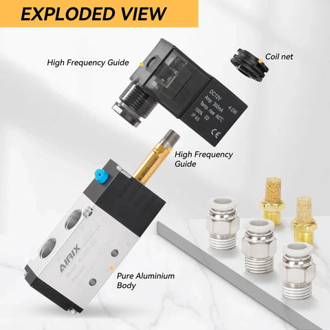 Exploded view of DC12V Pilot Operated 2 Position 5 Way Pneumatic Solenoid Valve with quick connect fittings and coil net