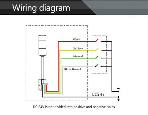 Wiring diagram for Industrial DC12V LED Signal Tower Light With L Shaped Base showing connections for red, yellow, green lights, and buzzer.