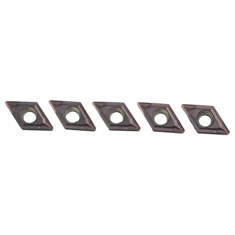 Five pieces of 10 Pack DCMT070204-SM Carbide Indexable Inserts For Lathe Turning And Milling Pro Grade Precision For Stainless Steel Long Lasting Wear Resistant Compatible With SDJCR SDNCN SDQCR Tool Holders, aligned in a row.
