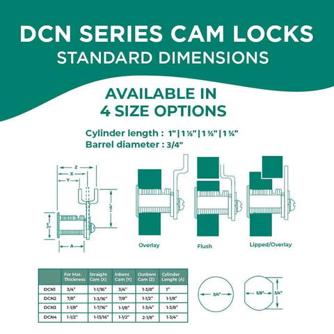 Diagram of DCN Series Cam Locks with standard dimensions and four size options.