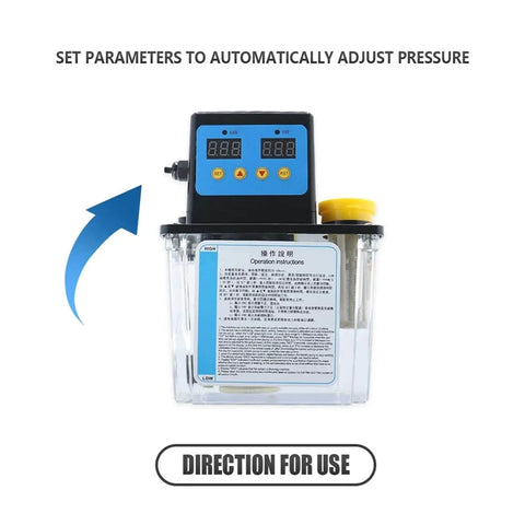 Front view of DCR-50 220V Automatic Electromagnetic Lubrication Oil Pump with control panel and 1L tank for CNC systems