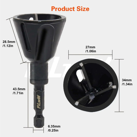 Pro Grade Deburring External Chamfer Tool With Tungsten Carbide Blades close-up view showing measurements and hex shank