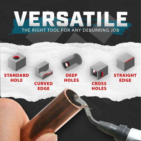 Deburring Tool With Micro Polished Anodized Handle And 11 HSS Blades illustrating versatility for different edge types.