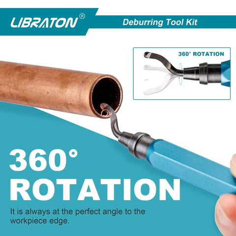 Deburring Tool Kit With 11 High Speed Steel Blades And 360 Degree Rotary Head for smoothing copper pipe edges, close-up view.