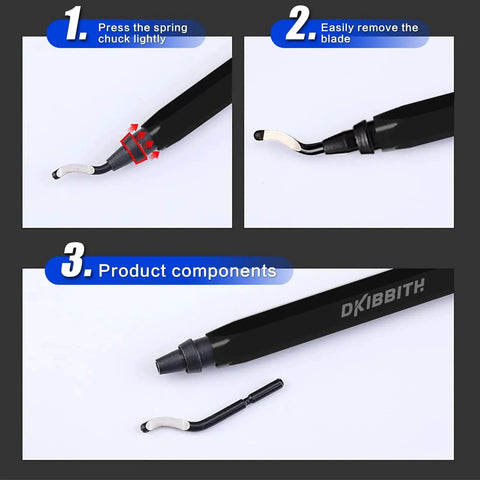 Steps to change blades for versatile deburring tool set with 11 high speed steel rotary burr blades and durable black handle.
