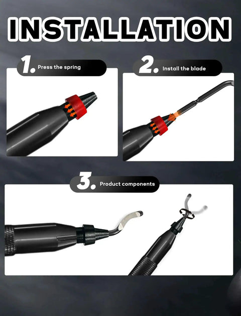 Installation guide for Two Submerged Hand Reamers Deburring Tool Set With Ten Spare BS1010 Type Blades showing step-by-step instructions.
