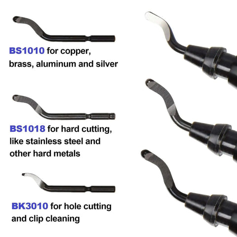 Versatile Deburring Tool Kit Pro Grade With 15 Replaceable High Speed Steel Blades For Three D Printing Resin Plastic Metal Copper And PVC Pipes Includes Storage Case And Three Blade Models BK3010 BS1018 BS1010 shown