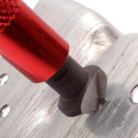 Deburring Tool With Swivel Head And 11 Blades Plus 2 Countersink Hand Reamers for Metal, close-up of tool removing burr from a metal sheet