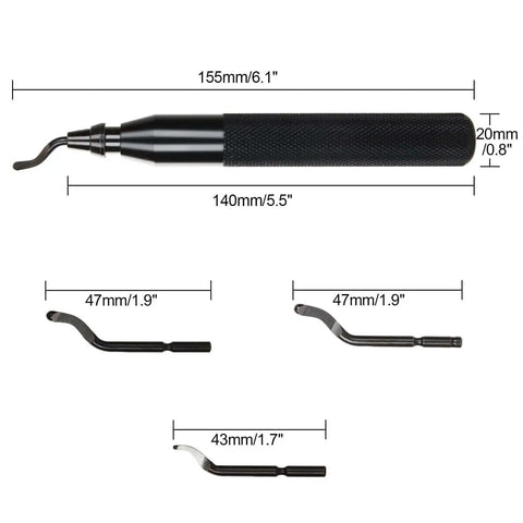 Versatile Deburring Tool Kit Pro Grade With 15 Replaceable High Speed Steel Blades For Three D Printing Resin Plastic Metal Copper And PVC Pipes Includes Storage Case And Three Blade Models BK3010 BS1018 BS1010, shown with handle and blade measurements