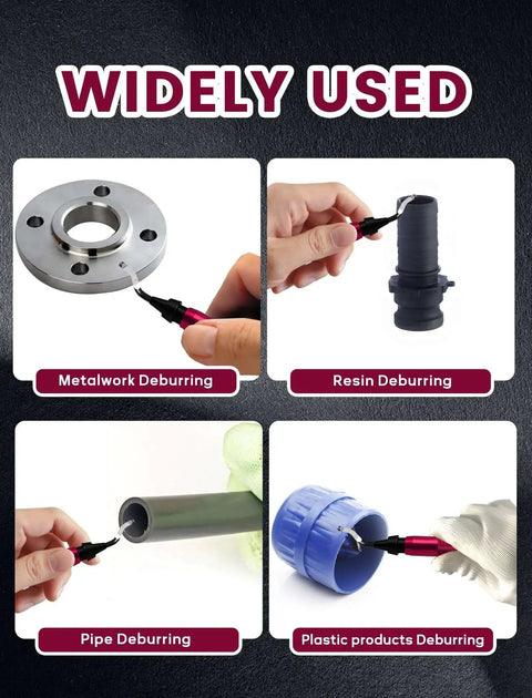 Deburring Tool Kit With 12 HSS Rotary Blades used on metal, resin, pipe, and plastic surfaces.