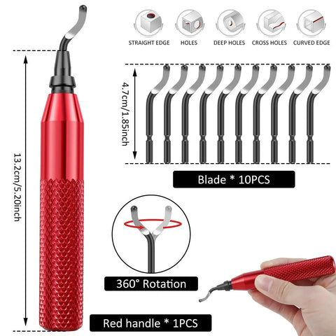 Deburring Tool Kit With 10 Extra Blades And Red Handle Alloy Burr Removal Tool For Handicrafts Sewing Paper Art And Plastic, showcasing blade details and red handle with dimensional info