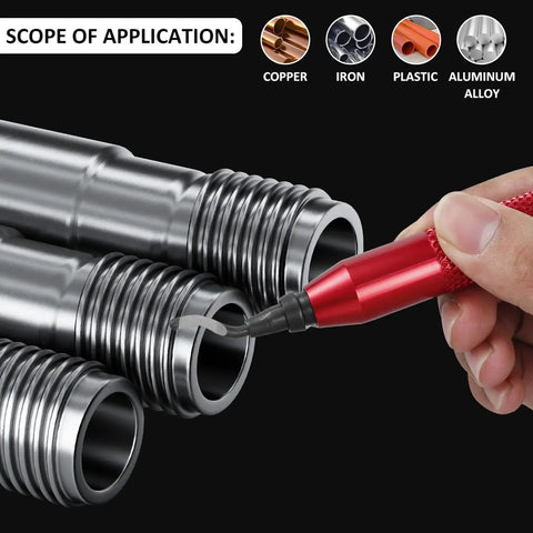 Deburring Tool Kit With 10 Extra Blades And Red Handle Alloy Burr Removal Tool demonstrating edge smoothing on metal pipes
