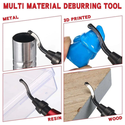 All In One Hand Deburring Tool Kit With Two Countersink Reamers And One Deburring Tool Plus Fifteen Replacement High Speed Steel Swivel Blades For Metal Resin Aluminum Copper Plastic 3D Printing And Wood For DIYers in use on metal, 3D printed, resin, and wood surfaces