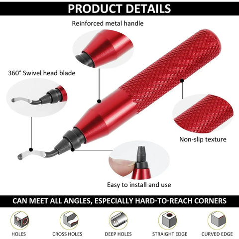 Deburring Tool Kit With 10 Extra Blades And Red Handle Alloy Burr Removal Tool showing 360° swivel blade and non-slip texture.