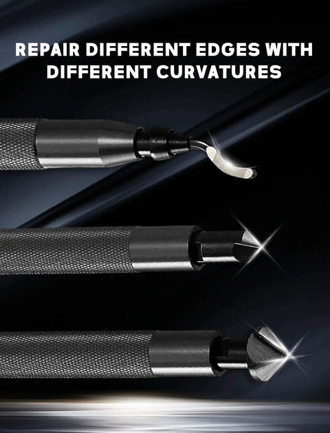 Close-up of Two Submerged Hand Reamers Deburring Tool Set with Ten Spare BS1010 Type Blades for metal, plastic, and 3D printing.