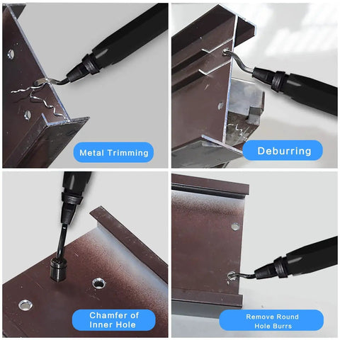 Versatile Deburring Tool Set With 11 High Speed Steel Rotary Burr Blades in use on metal edges and holes