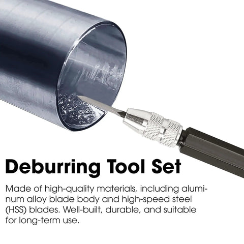 3 Piece Scraper Deburring Tool Set With Adjustable Trimming Blade used on metal pipe for fabrication and reaming.