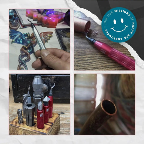 Swivel Head Deburring Tool With Eleven High Speed Steel Blades for Metal, Resin, PVC Pipes, Copper, and 3D Printed Edges in use