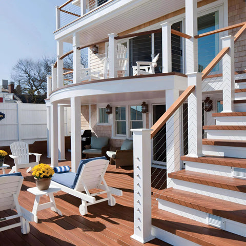 Modern deck with cable railing system using Long Stud 1/8 Inch For HandiSwage Cable Infill Systems Pack Of 2 on staircase.