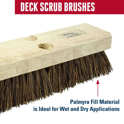 Close-up of 9" Block Size, 5 X 14 No. Of Rows, Wood Block, Palmyra Fill, Deck Scrub Brush showing fiber bristles