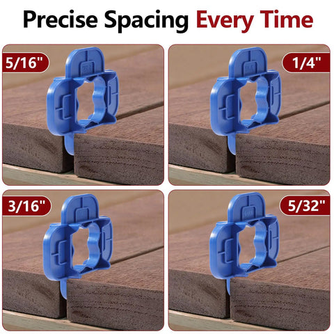 Six Pack 4 In 1 Deck Spacers Tool With Four Size Options For Five Thirty Second Inch Three Sixteenth Inch One Quarter Inch And Five Sixteenth Inch Easy To Use Gap Tool For Composite PVC Hardwood And Pressure Treated Decking Boards Red And Blue shown installed between deck boards