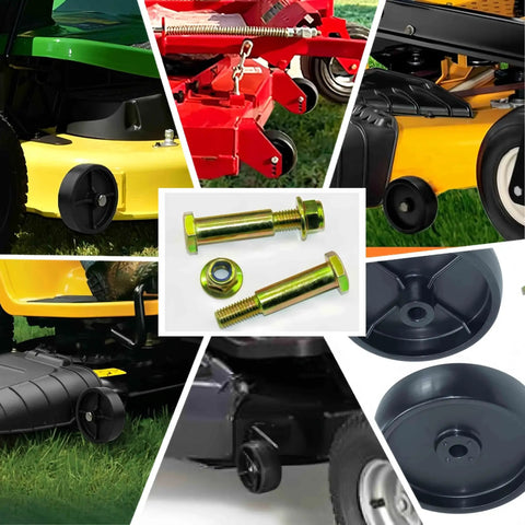 Two Pack Deck Wheel Shoulder Bolts And Flanged Locknut Kit For Half Inch Bore Wheels Fits Craftsman Poulan Husqvarna Toro Cub Cadet Mowers And Tractors With One And A Half Inch Shoulder And Three Eighths Inch Pitch Sixteen Threads, showcasing bolts, locknuts, and mower compatibility.