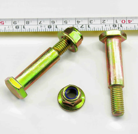 Two Pack Deck Wheel Shoulder Bolts And Flanged Locknut Kit For Half Inch Bore Wheels, with measuring tape for size reference.