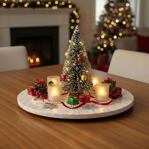 12.6 inch decorative lazy susan turntable with mother of pearl inlay showcasing a festive centerpiece with candles and a mini tree.