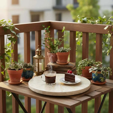 12.6 inch decorative lazy susan turntable with mother of pearl inlay on a balcony table with coffee and cake.