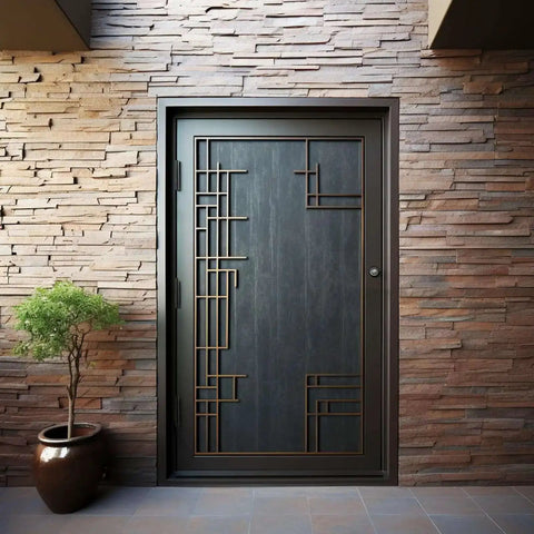Modern exterior door with iron detailing and matte black finish against a stone wall. Sturdy Matte Black Iron Door Hinges Pack Of 3 For Interior And Exterior Doors 4 Inch By 4 Inch With Five Eighths Inch Radius Corners Heavy Duty Reversible Hinge Set With Screws Easy Install And Strong Hold.