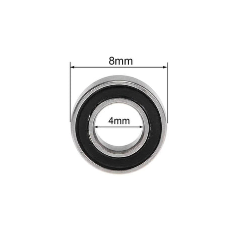 Front view of MR84-2RS Deep Groove Ball Bearing, 4mm inner diameter, 8mm outer diameter, double-sealed chrome steel, black seals visible.