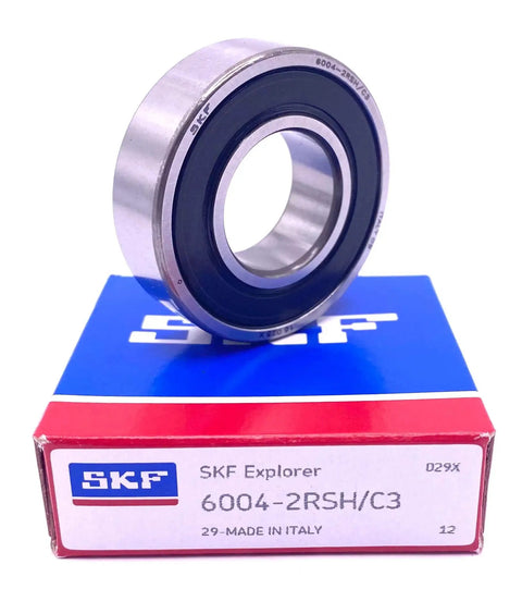 Deep Groove Ball Bearing 20x42x12 Mm Rubber Sealed 6004 2RSH C3 on box, made in Italy, close-up view.