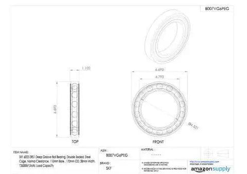 Technical drawing of Deep Groove Ball Bearing 6022 2RS1 Double Sealed Steel Cage 110mm Bore, front and side views with measurements.
