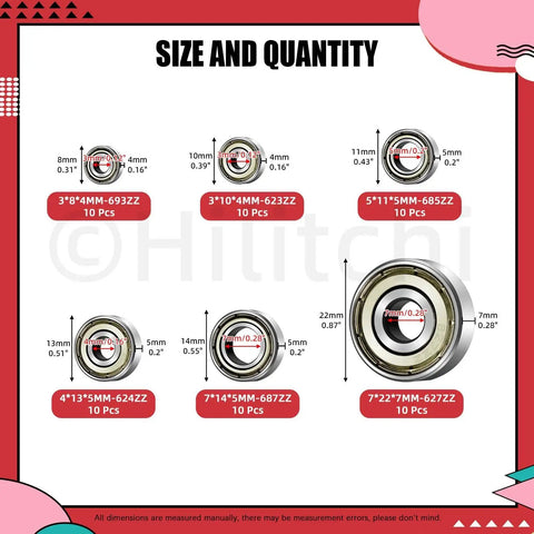 Deep Groove Ball Bearing Assortment Kit, 60 Pieces In 6 Sizes, With Double Shield labeled dimensions chart