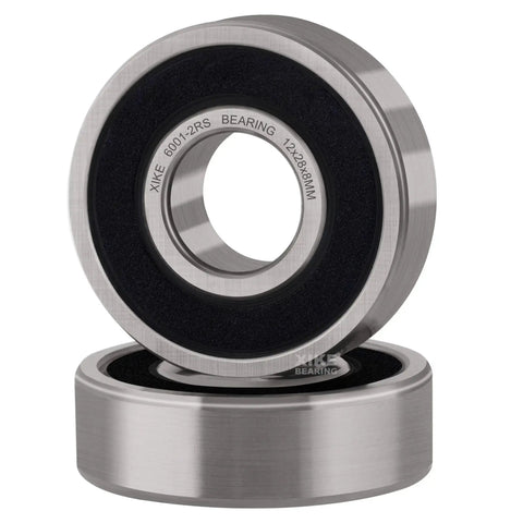 Two Pack 6001-2RS Deep Groove Ball Bearings 12x28x8mm, pre lubricated and sealed, shown stacked, highlighting smooth design.