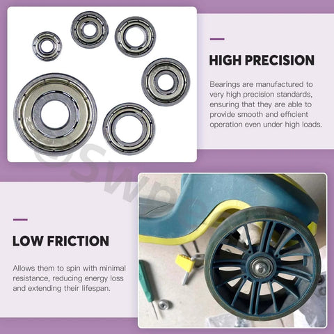 60pcs Ball Bearings Assortment Kit with 693ZZ 623ZZ 624ZZ 685ZZ 687ZZ 627ZZ showing various bearings and caster installation