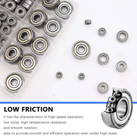 68 PCS 693ZZ/ 623ZZ/ 624ZZ/ 685ZZ/ 687ZZ/ 627ZZ Ball Bearings Assortment Kit displayed with labeled low friction feature