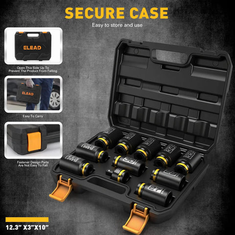 One Half Inch Drive Deep Impact Socket Set, 11-Piece Metric Wheel Axle Nut Wrench in protective case, 27mm to 38mm.