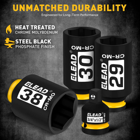 One Half Inch Drive Deep Impact Socket Set, 11-Piece Metric Wheel Axle Nut Wrench, Jumbo 27mm To 38mm Sockets, displayed with durability features