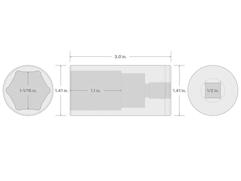 Technical diagram of Deep 1/2 Inch Drive 1-1/16 Inch Deep 6-Point Socket for Hex Fasteners, including dimensions and hex grip.