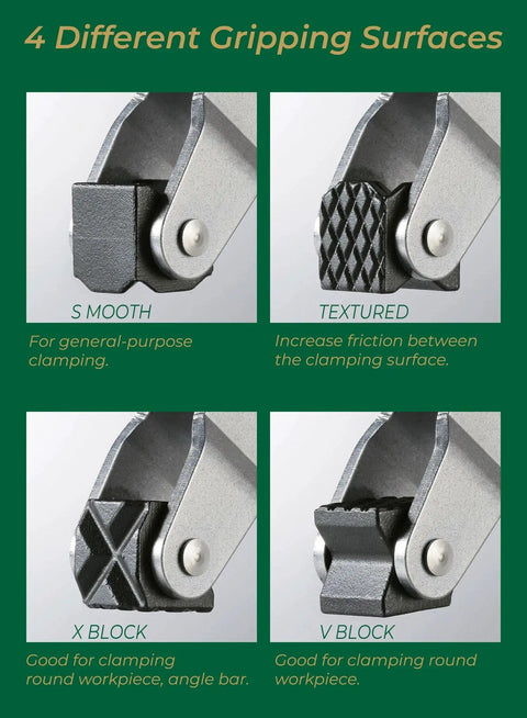 Deep Throat Welding And Fabrication Clamp showing four different gripping surfaces: smooth, textured, X block, and V block.