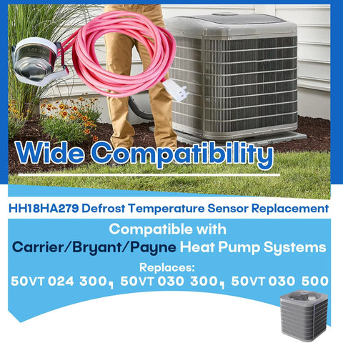 HH18HA279 defrost temperature sensor replacement kit shown with pink power cord beside an outdoor heat pump unit.