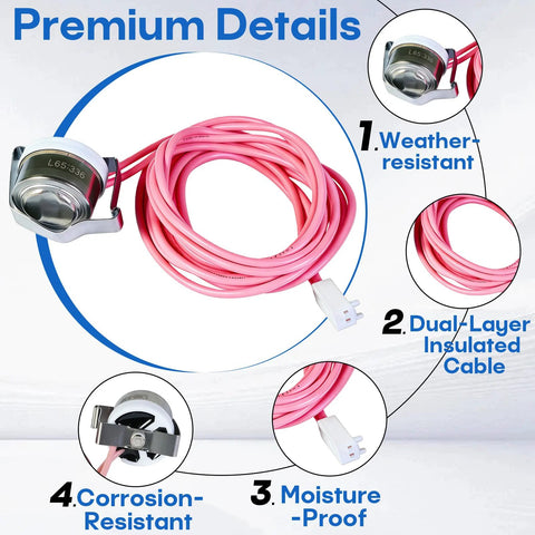 Defrost temperature sensor with pink dual-layer insulated cable and 2-pin connector for Carrier/Bryant/Payne heat pumps