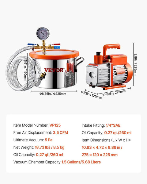 Degassing Vacuum Chamber Kit With 1.5 Gallon Stainless Steel Chamber And 3.5 CFM Pump for DIY resin casting, featuring oil and hose.