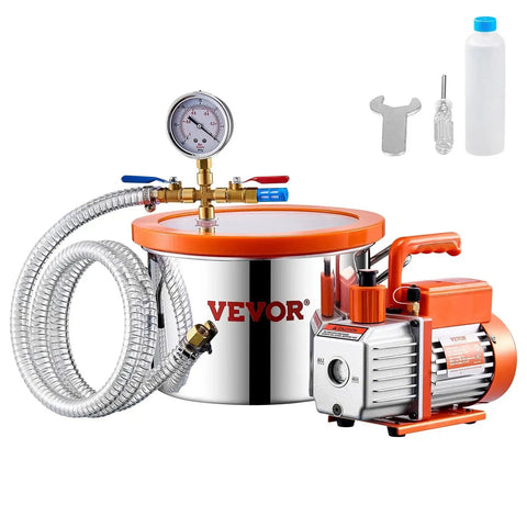 Degassing Vacuum Chamber Kit With 1.5 Gallon Stainless Steel Chamber And 3.5 CFM Pump, acrylic lid, hose, tools, and oil bottle for DIY projects.